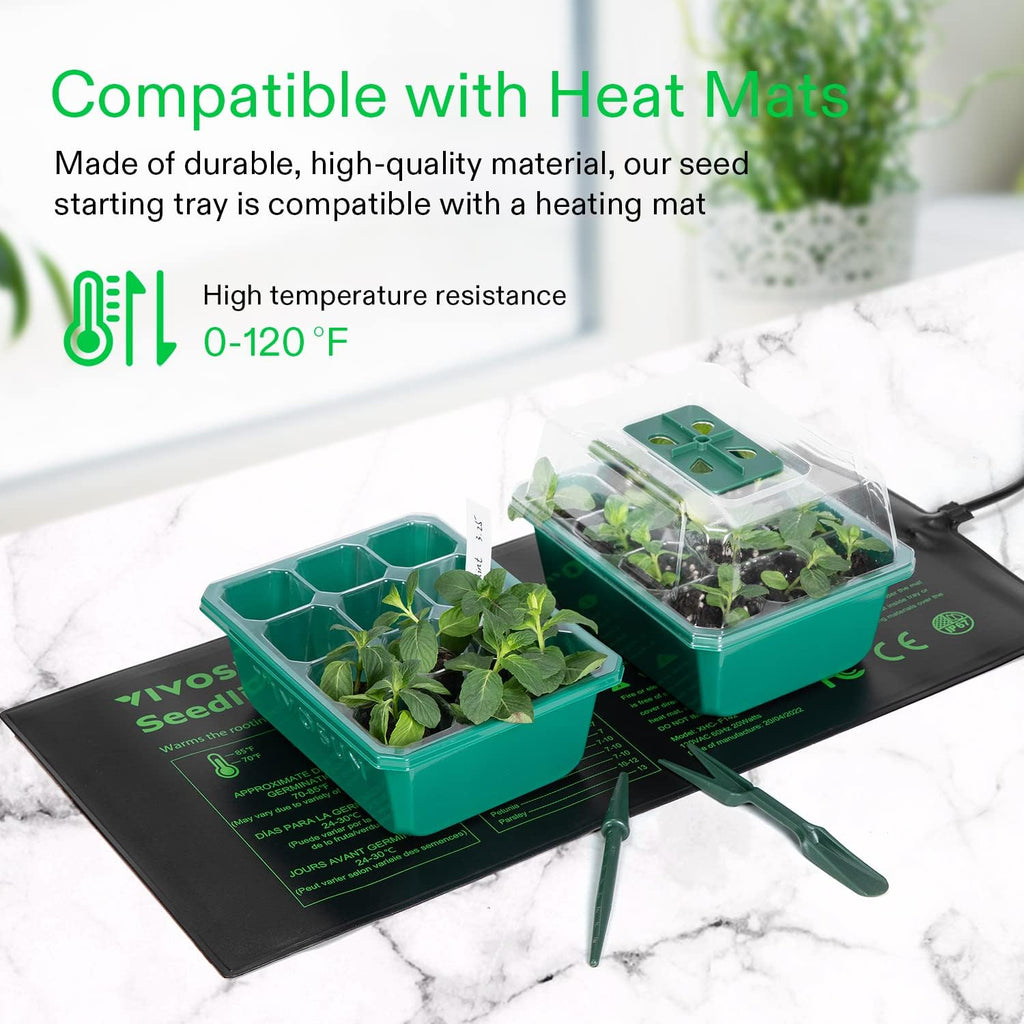 VIVOSUN 12-Pack Seed Starter Trays, 144-Cell Seed Starter Kit with Humidity Dome, Flat Reusable Plant Germination Trays with Drain Hole, Green Propagation Tray for Planting Seeds