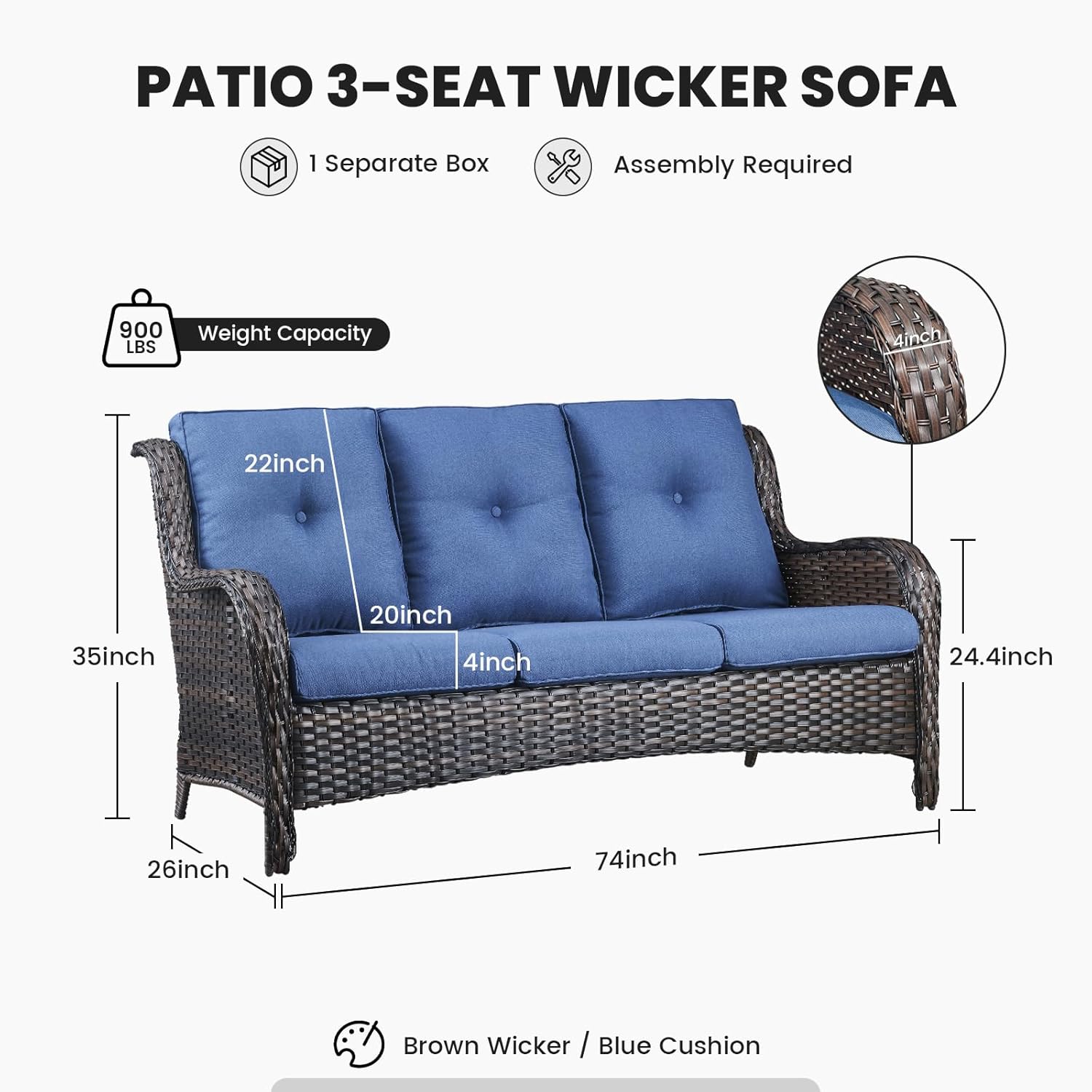 Outdoor Furniture 3-Seater Rattan Sofa Patio Wicker Sofa Couch Furniture Set with Washable Cushions