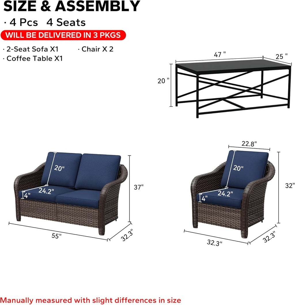 4 Pieces Outdoor Conversation Furniture Set, 55" Patio Couch，47" Metal Coffee Table, 2 Chairs, Rattan Wicker Sofa with Removable Cushions for Bistro, Deck (Navy Blue)