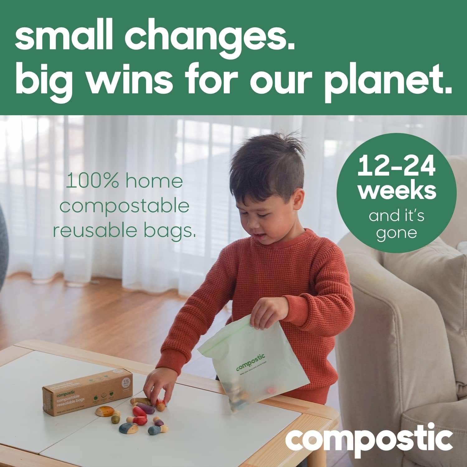 Home Compostable Resealable Gallon Bags (10.5"x10.5"), Microwave & Freezer Safe, Organic Food Storage Container, 100 Count (Pack of 1)
