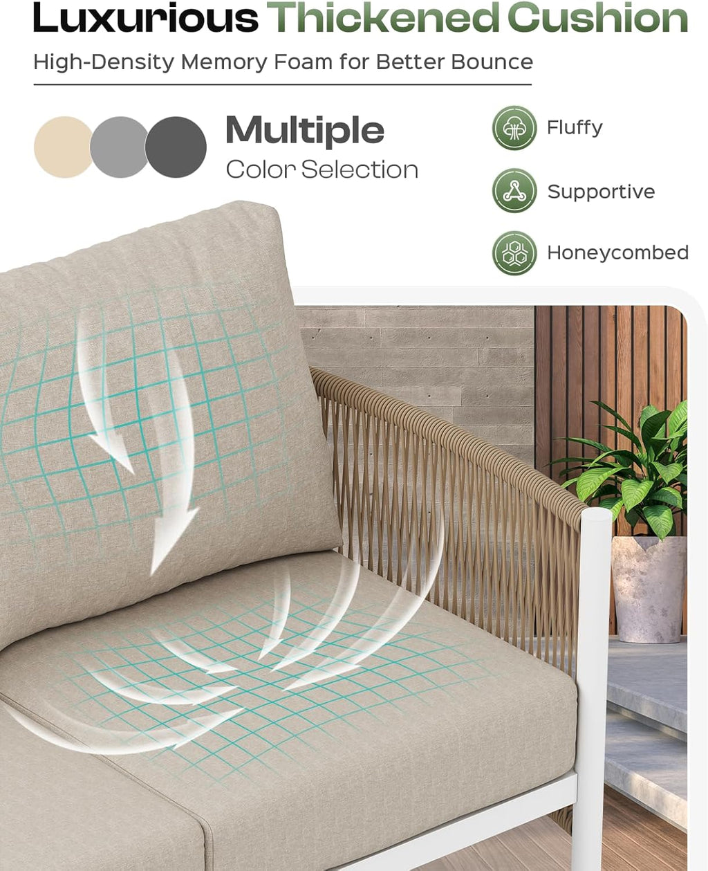 Aluminum Outdoor Patio Furniture Set, HDPE Rope 4 Piece Modern Sectional Conversation Sets with Dual-Layer Coffee Table, All Weather Patio Couch Sofa with Thick Cushions, White Frame, Ivory
