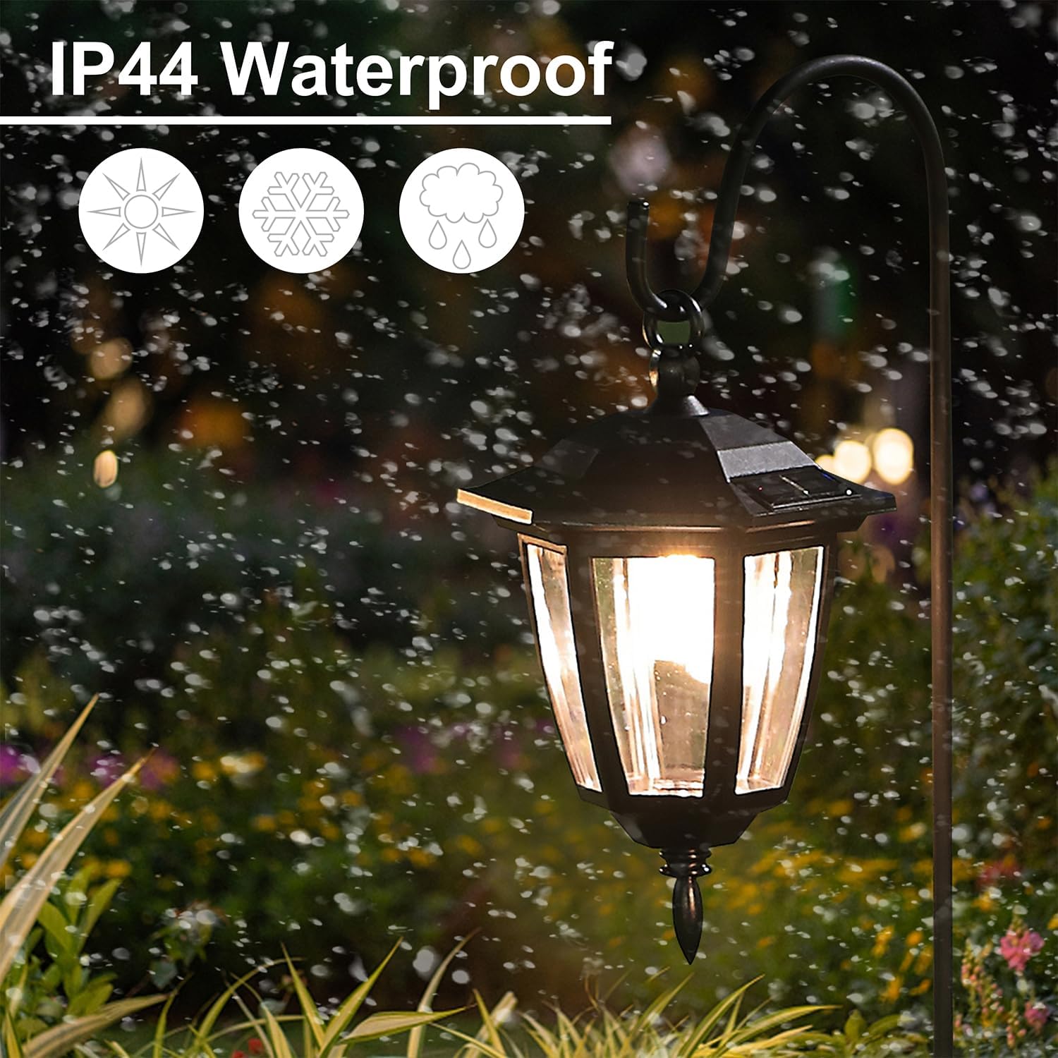 Dynaming 4 Pack Solar Hanging Lights Outdoor, Solar Powered Garden Decorative Lanterns with 4 x 38 Inch Shepherd Hooks, Waterproof Landscape Lighting for Lawn Patio Yard Pathway Driveway, Warm White