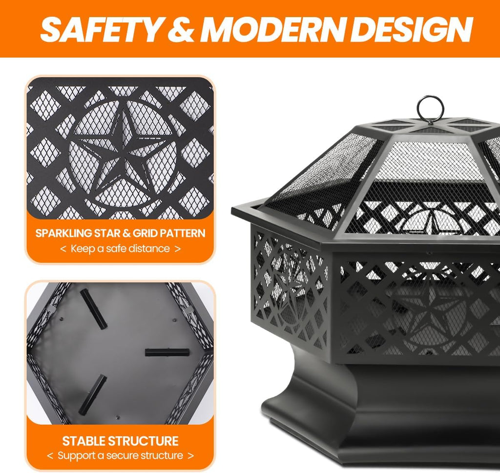 33 Inch Outdoor Fire Pit, Hexagon Shaped Wood Burning Fire pits for Outside, Metal Firepit with Fire Poker&Mesh Cover for Bonfire, Patio, Yard, Garden,Beach and Camping (33'' Black)