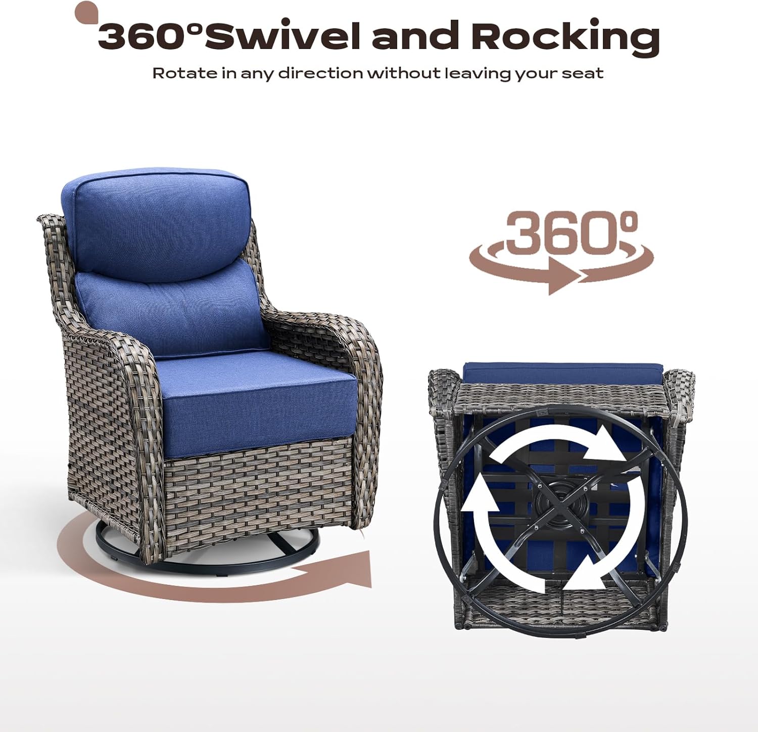 Wicker Outdoor Patio Furniture Set - 6 Piece Patio Conversation Sets with Swivel Rocker Chairs, Ottomans, Sofa and Table, 6 inch Cushions, Deep Seating, for Porch Deck Mixed Grey/Blue