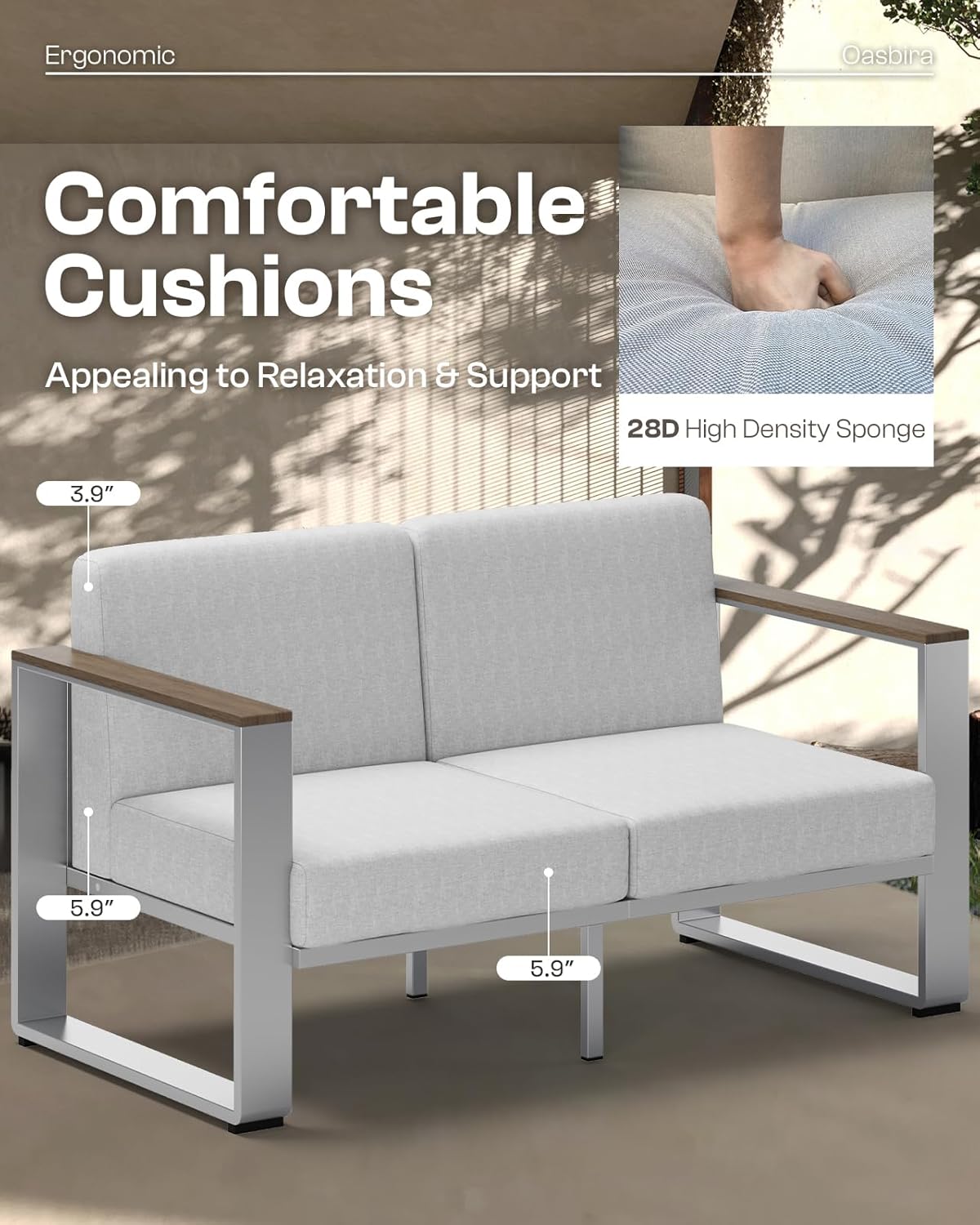Aluminum Outdoor Patio Furniture, 1 Piece Loveseat, All-Weather Metal Modern Outside Sofa for Deck, Porch (LightGray)