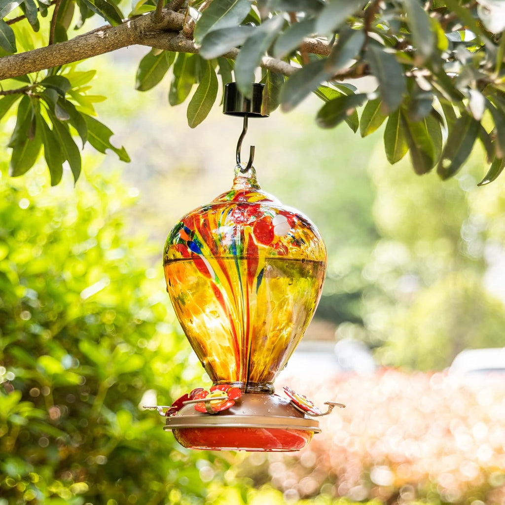 2 Packs Hummingbird Feeder for Outdoors Hanging Ant and Bee Proof, 34OZ 32OZ Hand Blown Glass Hummingbird Feeders for Outside (Yellow & Blue)