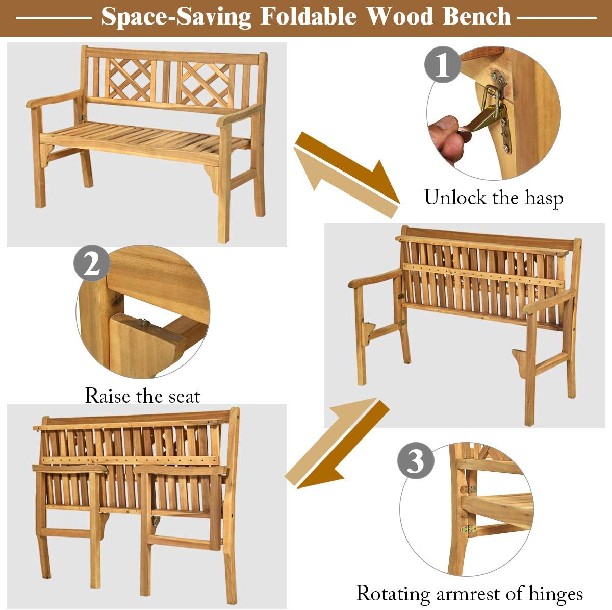Giantex 4 Ft Foldable Outdoor Bench, Acacia Wood Outside Loveseat with Curved Backrest and Armrest, 705Lbs Weight Capacity, Garden Bench for Patio, Park, Porch, Balcony