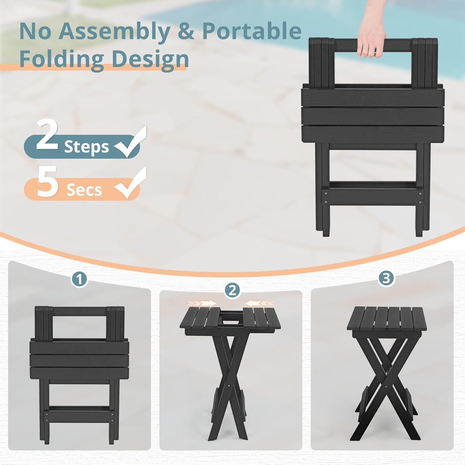 LUE BONA 27 inch Folding Side Table, HDPS Outside End Table for Patio, Porch, Deck, Pool, Weather Resistant, Black