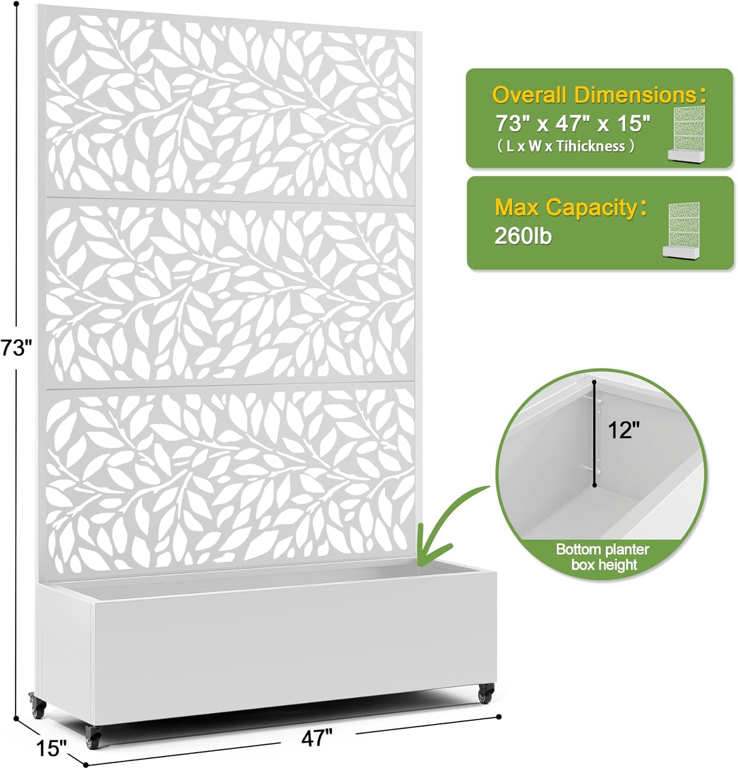 FENCY Metal Raised Garden Bed with Wheels and Trellis,73"x47"x16" Planter Box for Climbing Plants, Vegetables & Vines, Features Privacy Screen and Drainage Holes (White-Leaf-2)