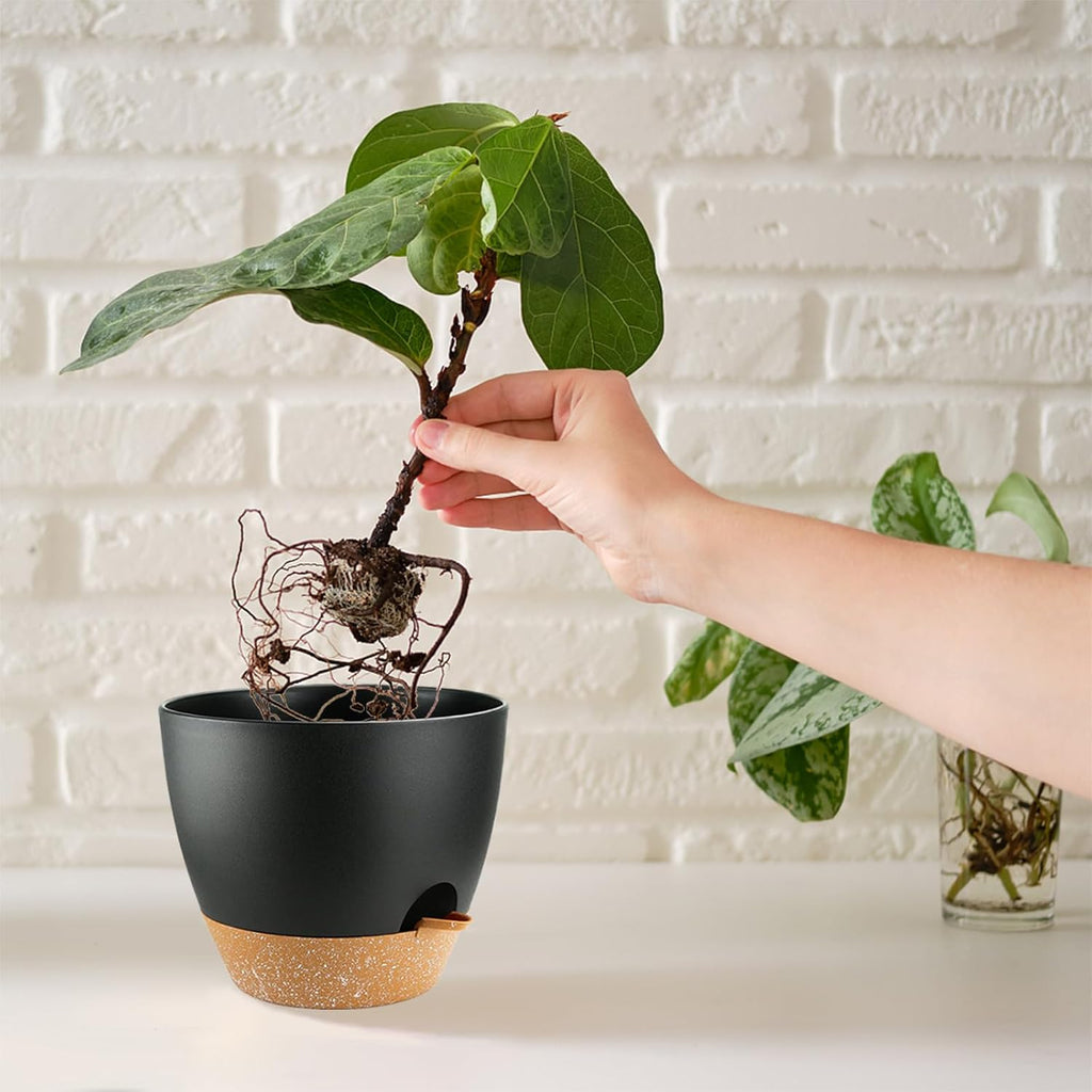 Self Watering Plants Pot with Drainage Hole, Flower Plants Pots for Indoor & Outdoor, Black Plastic Self Watering Planters Succulent Pot 5pcs/Set