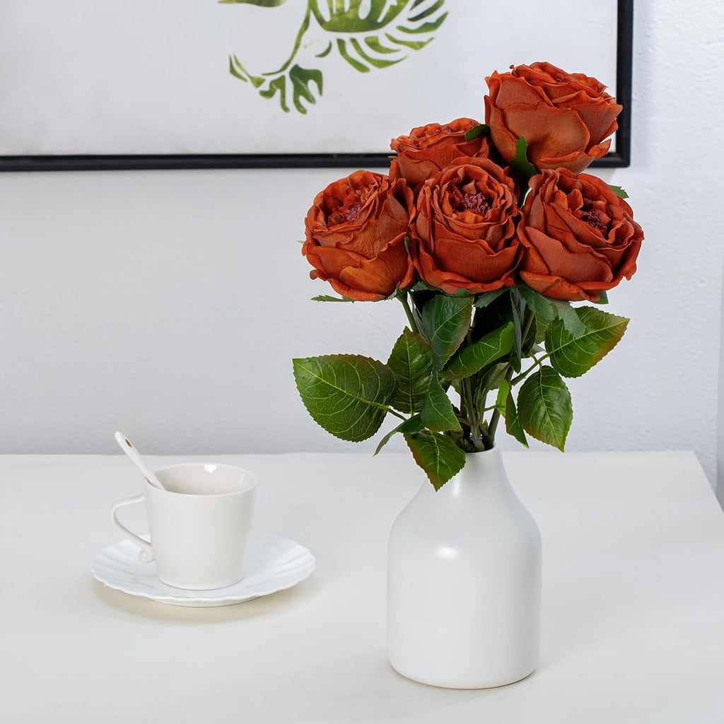 DuHouse 5Pcs Silk Roses Fake Burnt Orange Roses with Stems Real Touch Rose Artificial Flowers for Arrangement Wedding Party Home Decoration
