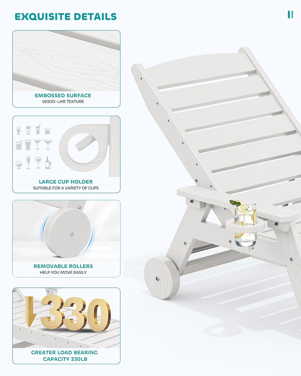 SERWALL Patio Chaise Lounge Chair Set of 2, 78'' Long 5-Positions Adjustable HDPE Outdoor Lounge Chair for Pool, Poly Lounge Chair with Rolling Wheels & Cup Holder for Poolside, Deck, White