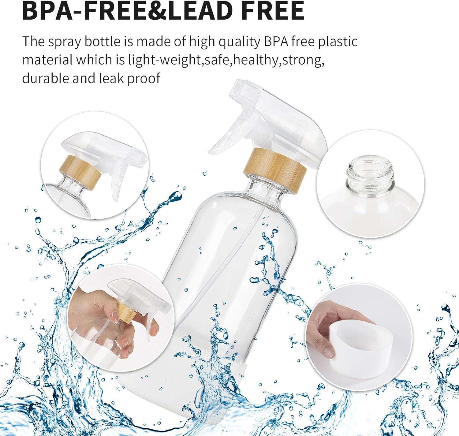 HOMBYS Empty Bamboo Glass Spray Bottles with Silicone Sleeve Protection - Refillable 17 oz Clear Glass Containers for Cleaning Solutions, Essential Oils, Misting Plants - Quality Sprayer - 1 PCS
