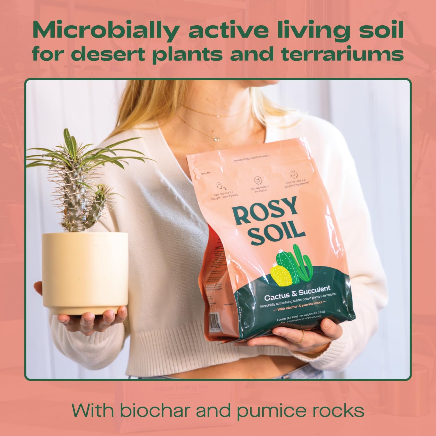 Cactus and Succulent Organic Potting Soil Mix for House Plants - Fast Draining, Root Boosting, Peat-Free, Less Prone to Gnats - Drought-Tolerant - Growth of Aloe Vera, Cacti and Indoor Succulents- 4qt