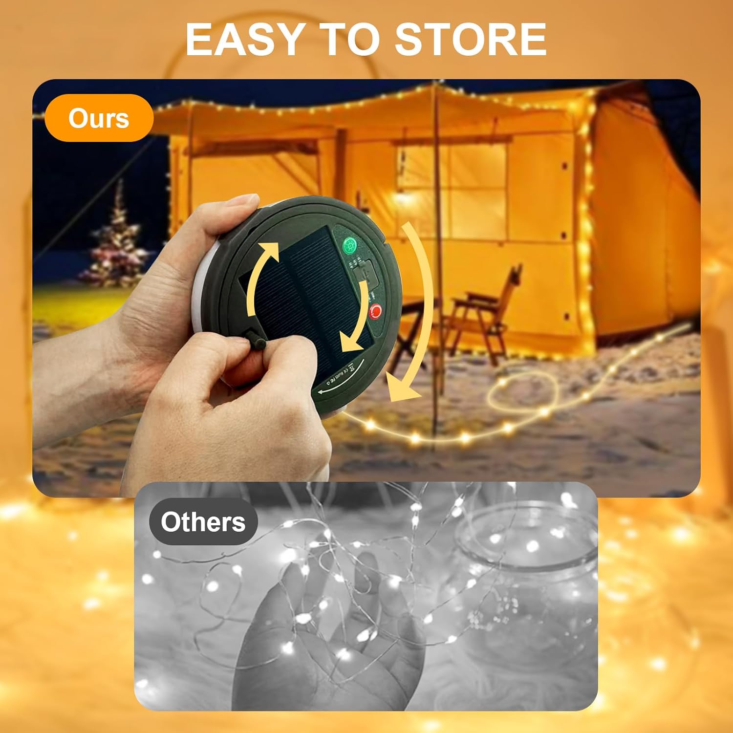 Solar Camping String Lights, 4 in 1 Quick Storage 33FT Rechargeable Tent Lights with 8 Lighting Modes, Hanging Waterproof Portable Retractable LED Lamp for Outdoor, Patio, RV, Awning, Garden, Party