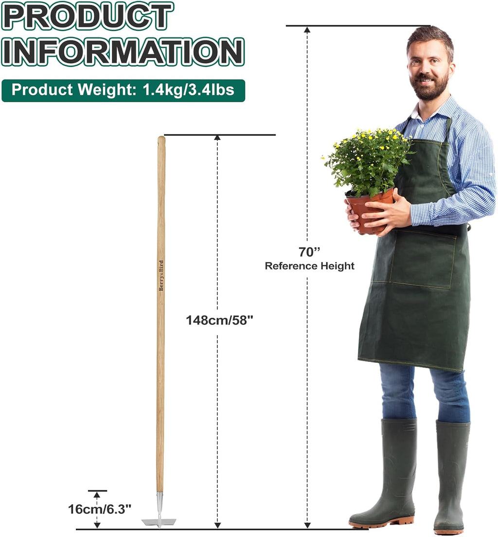 Berry&Bird Flat Edge Garden Hoe, 58'' Hoes Garden Tool with Long Wood Handle, Stainless Steel Weeding Hoe, Heavy Duty Weeder Hoe Tool for Gardening Digging Soil Loosening, Edging & Cultivating