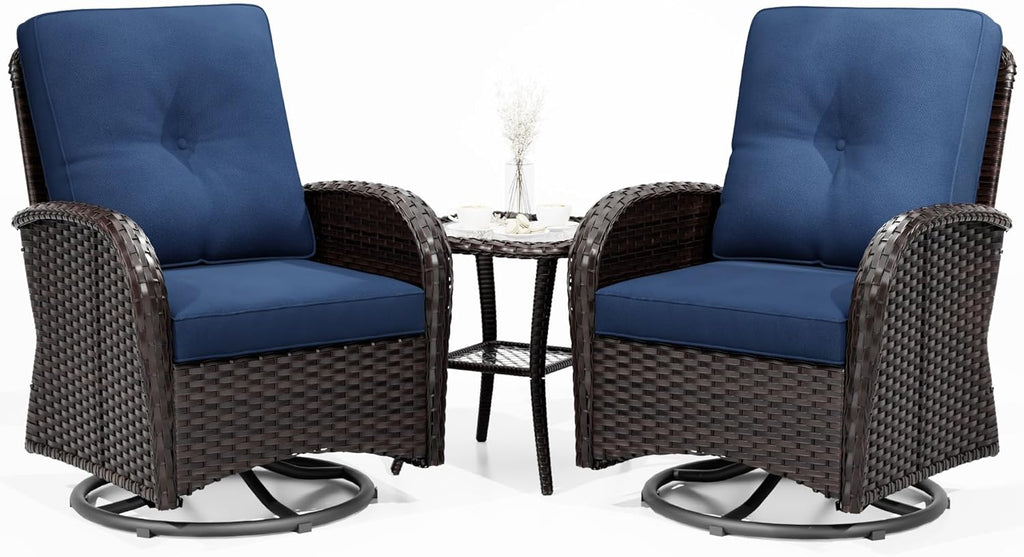 Joyside Outdoor Swivel Rocker Chairs, 3 Piece Wicker Patio Set with Thick Cushion and Side Table, Rattan Patio Swivel Rocking Chairs for Porch, Deck Use (Brown/Blue, 3 PCS)