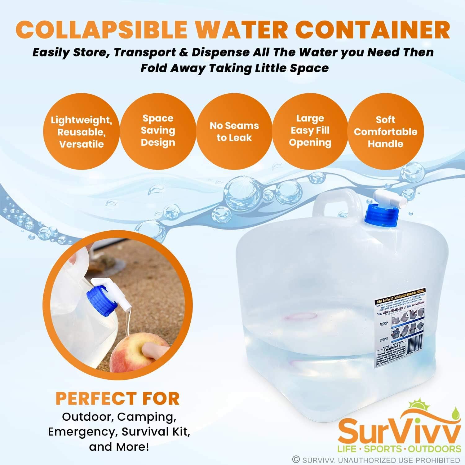 Collapsible Water Container with Spigot, BPA Free, Food Safe Camping Water Storage Cube Jug for Outdoor Hiking Hurricane & Emergency Survival Kit, Portable Foldable Canteen
