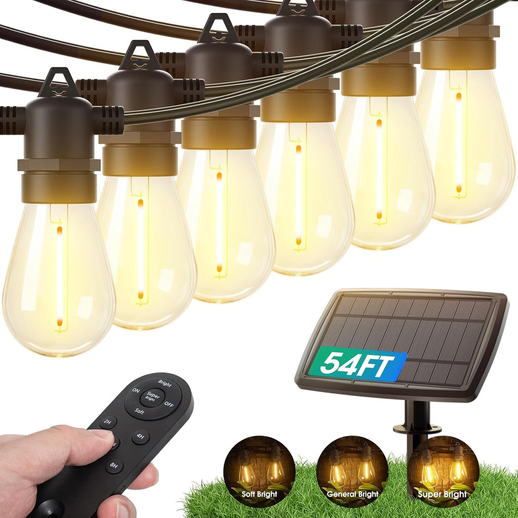 KYY 54(48+6) FT Solar String Lights Outdoor with USB Port Remote, Waterproof and Shatterproof Patio with Solar Powered Panel, LED Vintage Edison Bulbs, Heavy-Duty and UL Listed Market Lights
