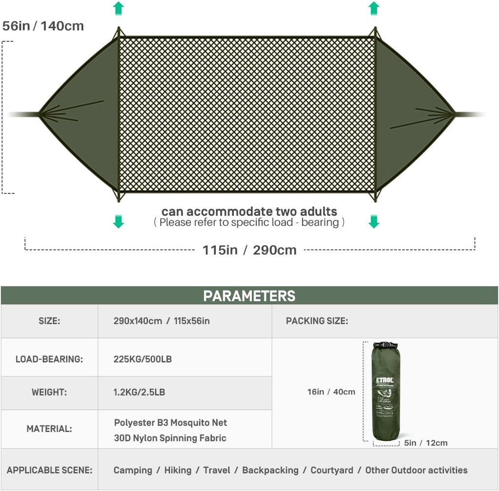ETROL Camping Hammock with Mosquito Net,3 in 1 Function Parachute Portable Hammock,Double & Single Hammocks Tent for Travel Outdoor Indoor Hiking Patio - with Tree Straps,Carabiners,Aluminium Poles