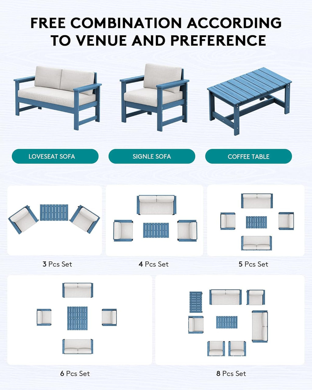 SERWALL 4 Pieces HDPE Outdoor Sofa Set with Cushions, All Weather Use Conversation Couch Set, Outdoor Loveseat Furniture with Coffee Table for Patio, Blue Frame with Khaki Cushions