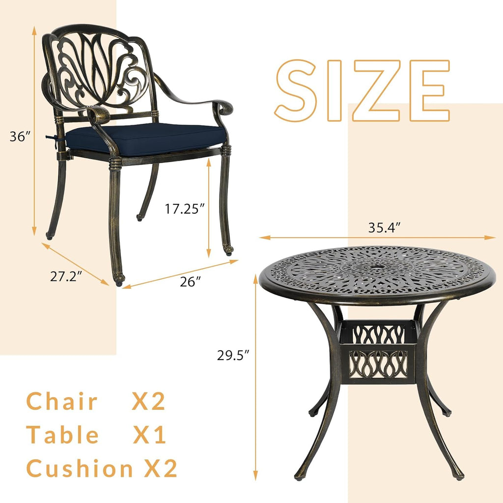 3-Piece Outdoor Patio Dining Set, All-Weather Cast Aluminum Patio Furniture Set for Backyard Garden Deck with 2 Cushioned Chairs and 35.4” Round Table, 2" Umbrella Hole, Navy Blue