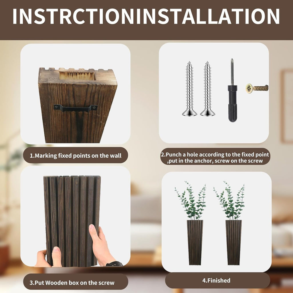 2Pack Brown Wood Wall Planter for Indoor +2Pack Green Plants,Modern Wooden Hanging Planter for Dried Flowers and Plants,Abstract Vase Farmhouse Wood Wall Decor (Brown)