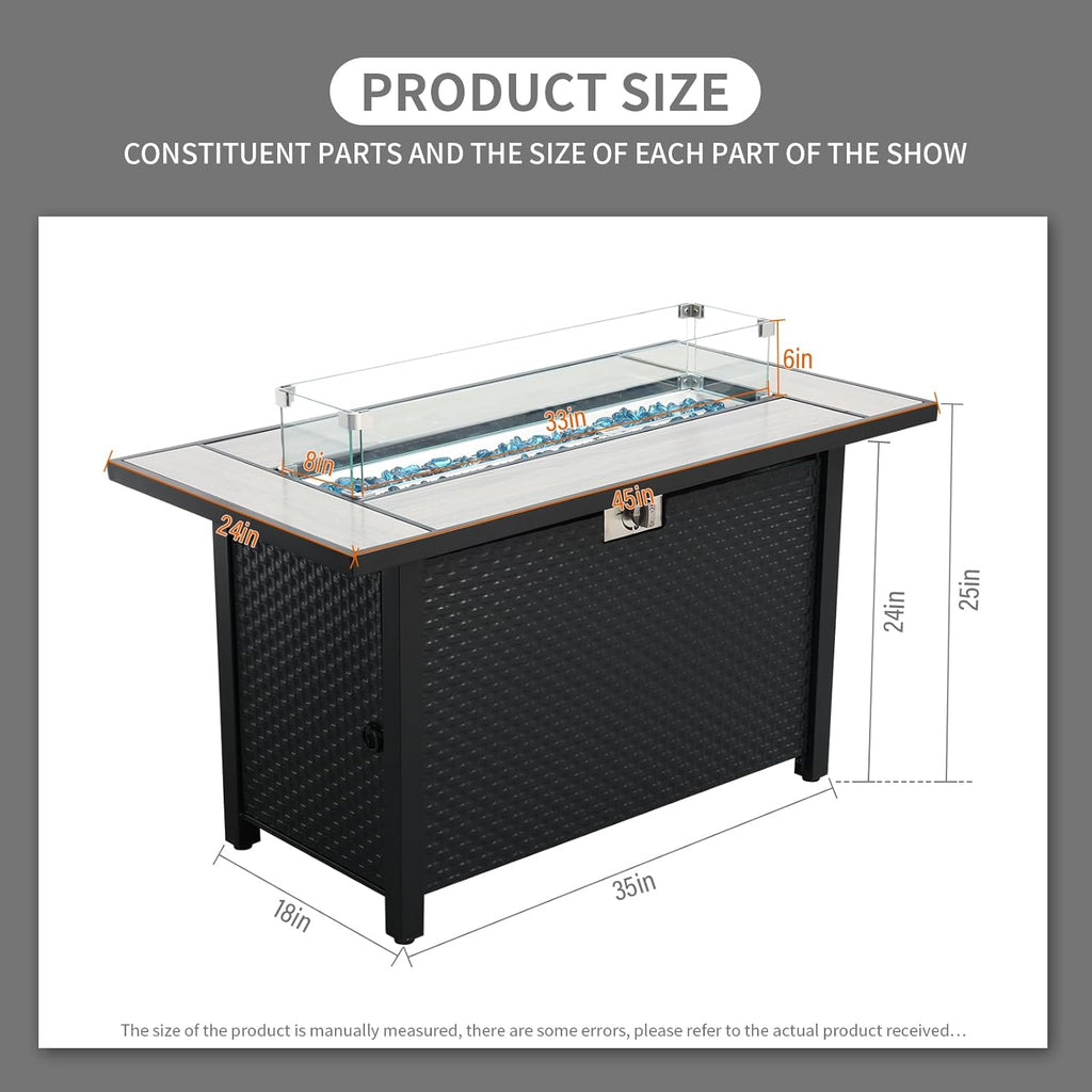 Rattaner 45 Inch Fire Table for Outside 60000 BTU Steel Gas Pit Outdoor with Woodgrain Marble Tabletop Glass Wind Guard Cover and Blue Crystal Beads