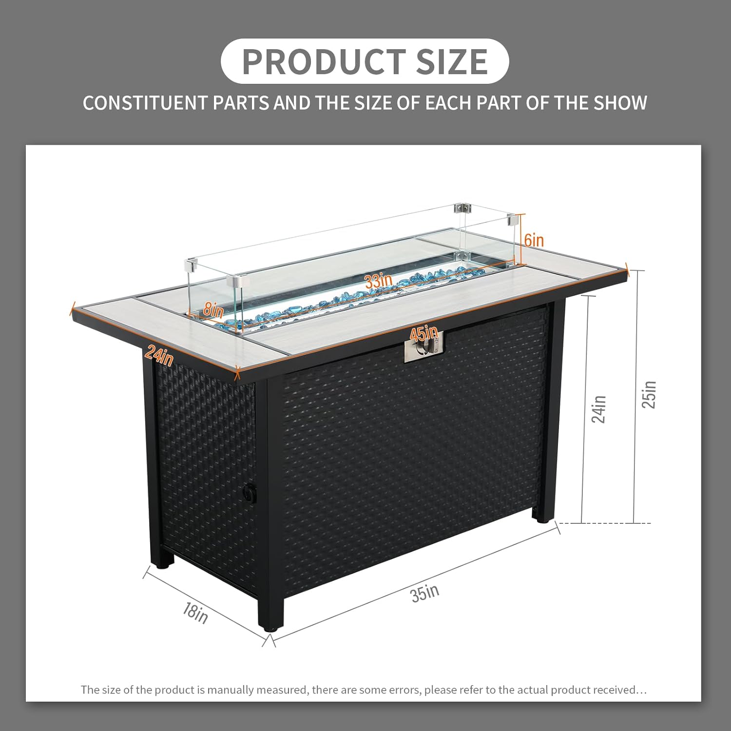 Rattaner 45 Inch Fire Table for Outside 60000 BTU Steel Gas Pit Outdoor with Woodgrain Marble Tabletop Glass Wind Guard Cover and Blue Crystal Beads