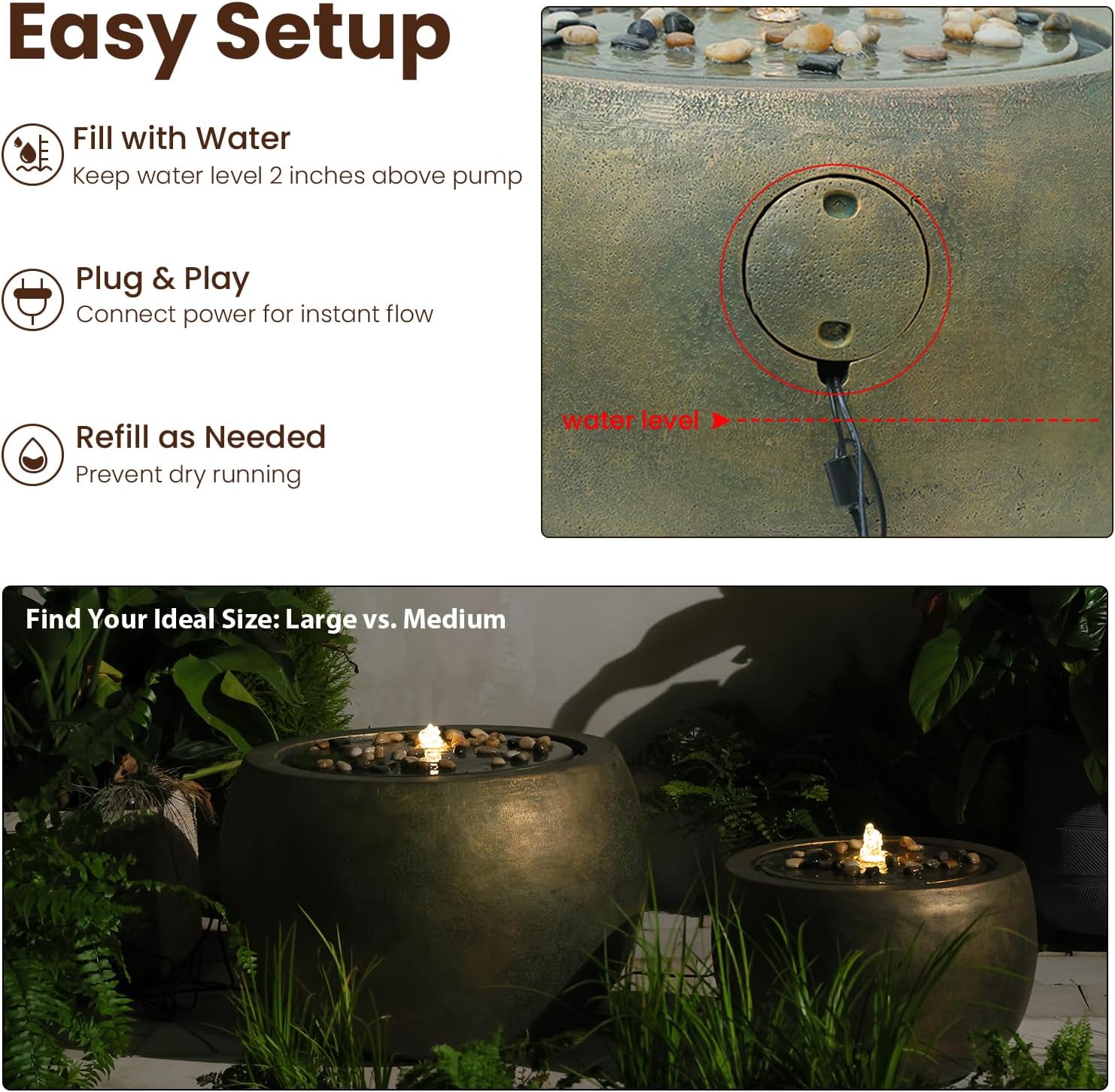 Garden Water Fountain Outdoor Large Round Bubbler Water Feature Indoor with Lights & Pump and Pebbles Concrete Effect for Patio Pool Pond Yard Home Decor Gold, 25 "L X 25" W X 17.5" H