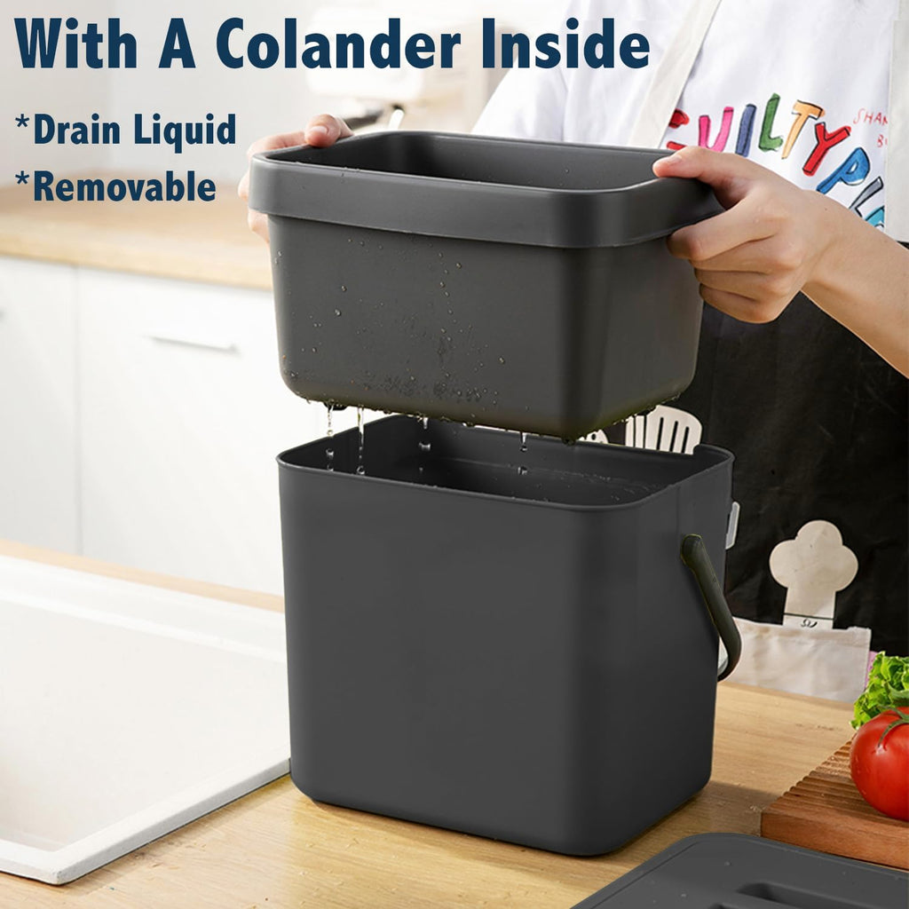 Kitchen Compost Bin, LALASTAR Food Waste Bin for Kitchen, Food Scrap Pail Bucket with Colander, Hanging Trash Can, 1.8 Gallons, Black