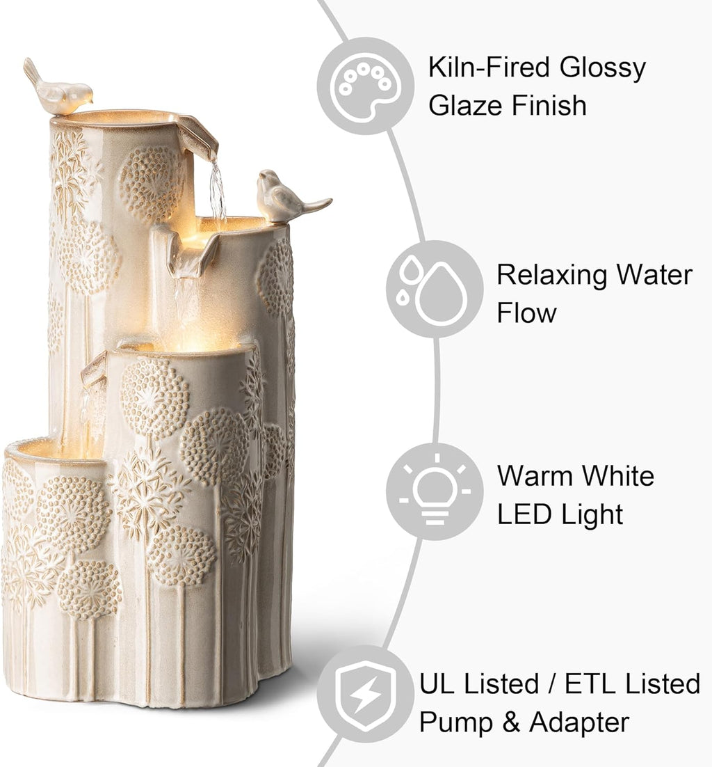 Glitzhome 31.75" H Outdoor Water Fountain with LED Lights and Pump, 4 Tier Dandelion Texture Vase Shaped Ceramic Floor Standing Fountain with Birds for Porch Deck Garden Patio Backyard, Sand Beige