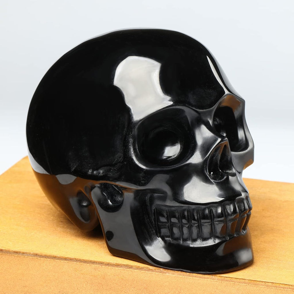 5''Natural Black Obsidian Crystal Skull Head Hand Carved Reiki Healing Stone Statue Healing Home Office Art Room Decoration