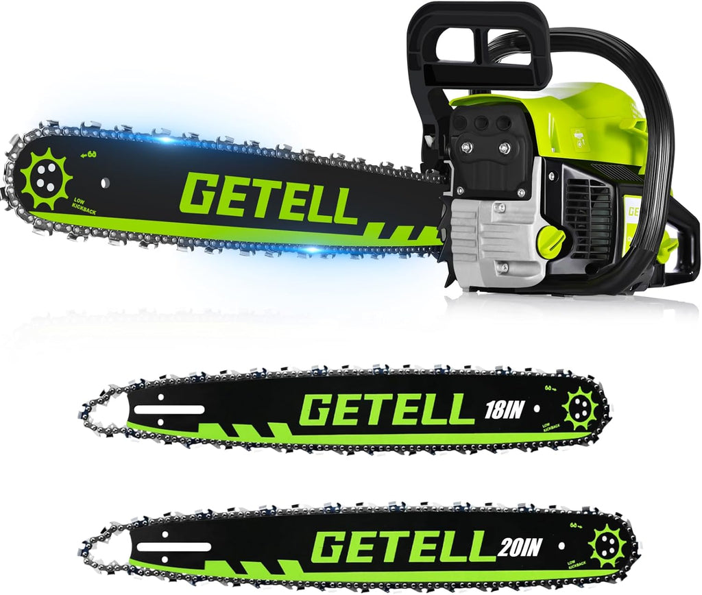 Professional 58cc Gas Powered Chainsaw with Quick-Switch Dual Bar 18/20 Inch System – Heavy Duty Chain Saw with Easy-Start for Tree Cutting, Limbing & Farm Use (GEL9901)