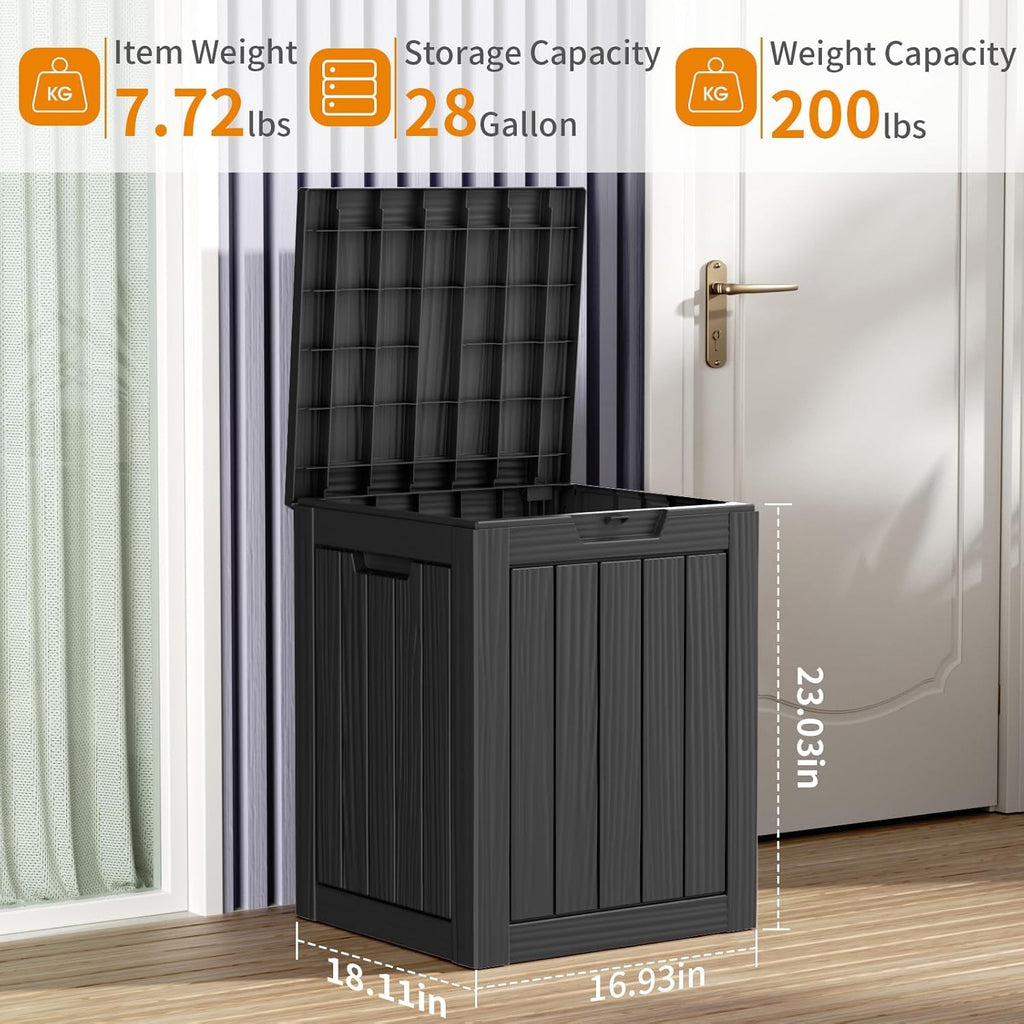 28 Gallon Resin Deck Box, Lockable Outdoor Storage Box for Patio Cushions Storage Furniture,Garden Tools, Pool Supplies, Weatherproof and UV Resistant（Black）