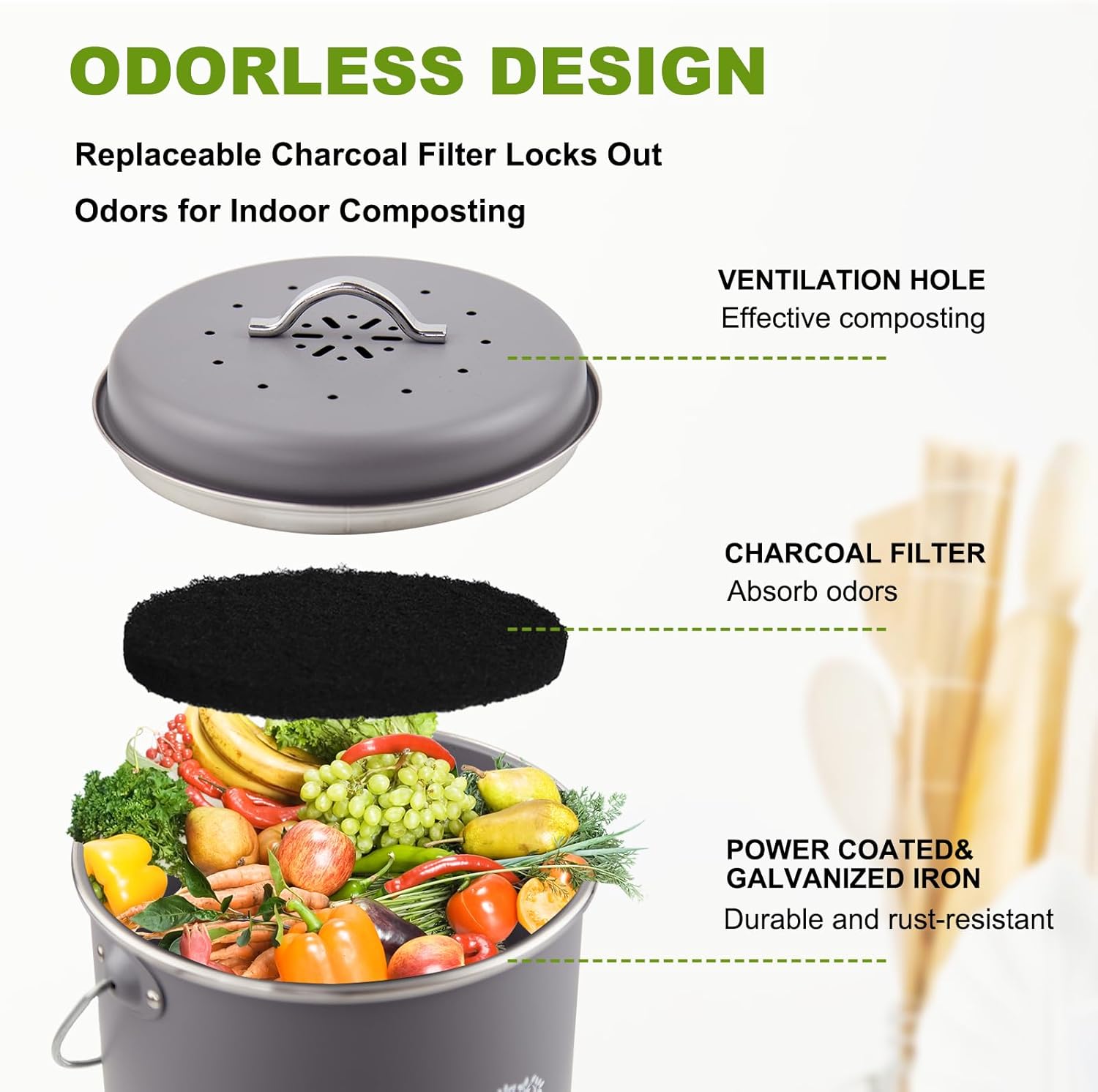 Kitchen Countertop Compost Bin, Odor Resistant Indoor Compost Bin with Lid and Charcoal Filter, Rust Resistant Coated Compost Bucket, Compost Container, Gray