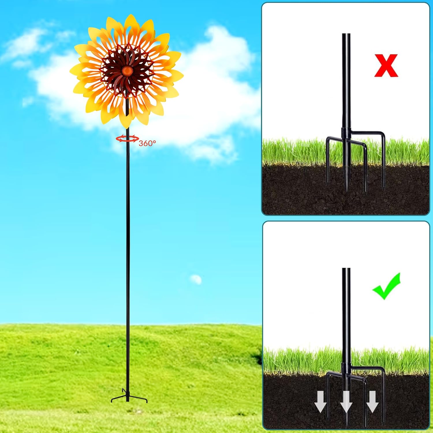 Sunflower Wind Spinners, 360 Degrees Swivel Metal Wind Sculptures, 76" Large Garden Pinwheels for Yard Lawn Patio Decor