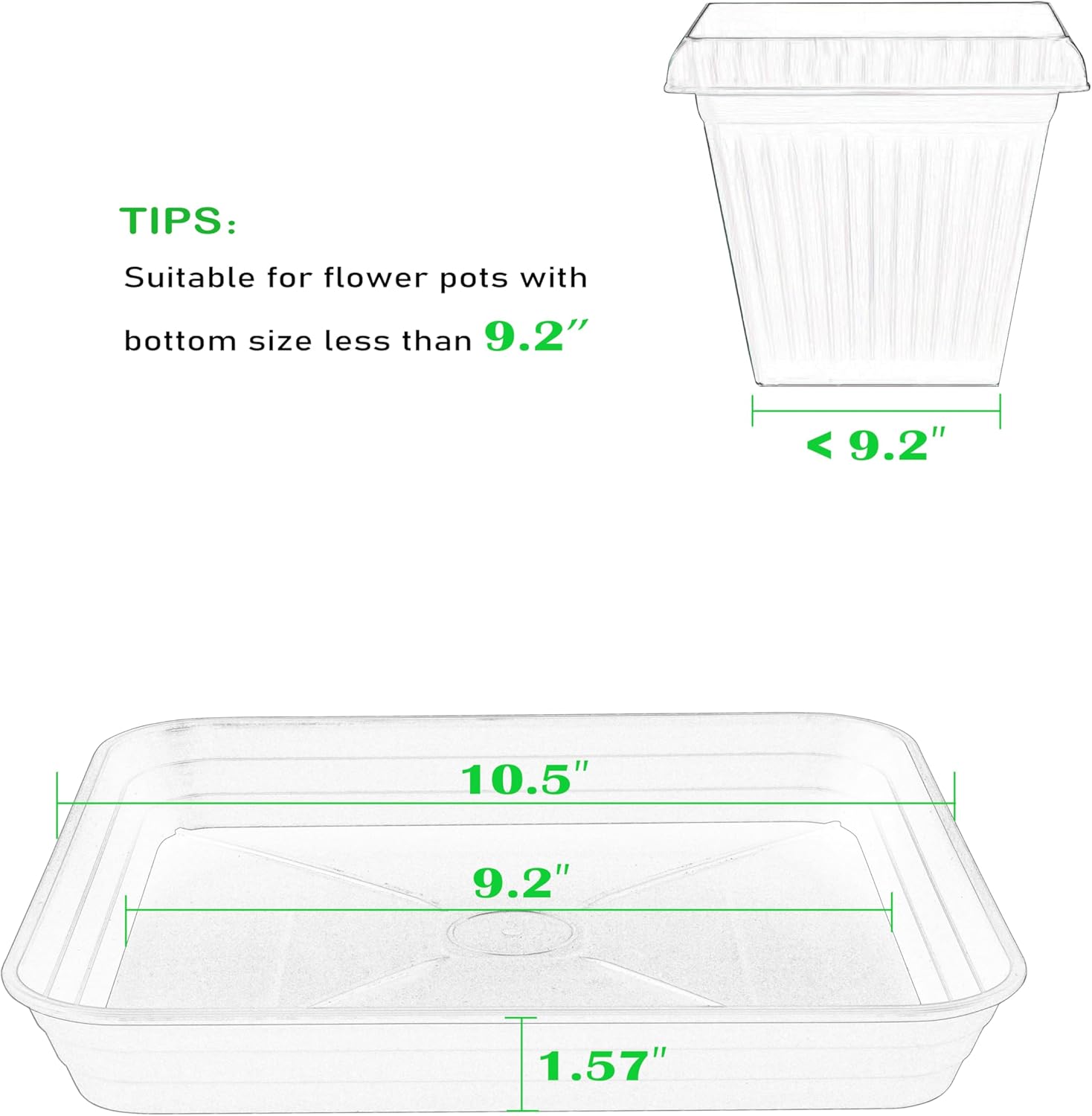 2 Pack Square Plant Saucer Tray 10 inch, 6 8 10 12 14 16 18 20 inch Heavy Duty Plastic Square Plant Saucers for Indoors Outdoor, Flower Planter Drip Trays for Pots, Seed Starting Tray