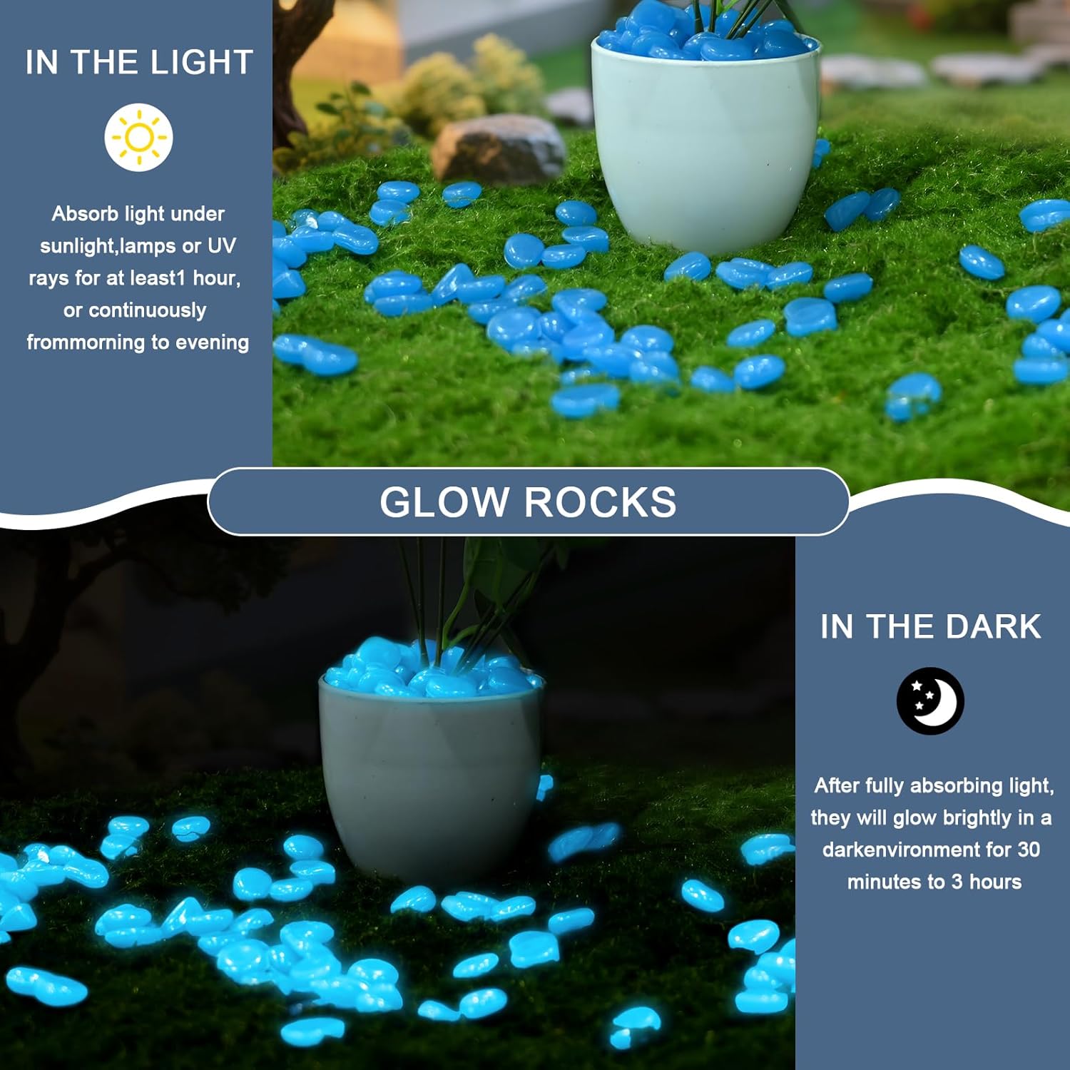 Oubest Glow in The Dark Rocks for Outdoor Landscaping Garden Stones, 0.8 Inch White Glow Pebbles Luminous Stones Decorative Rocks for Vases Pathway Walkway Yard Patio Fountain Driveway, 150PCS, White