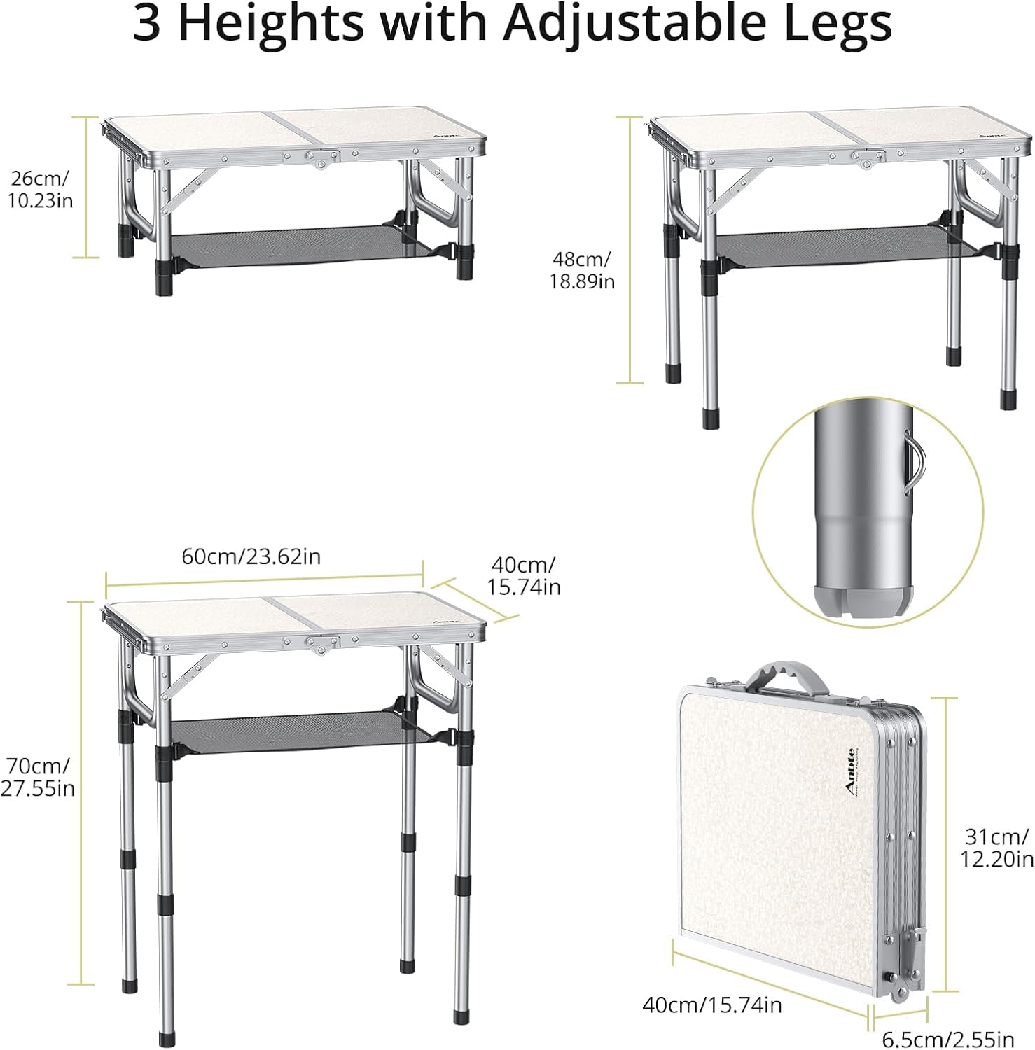 Folding Camping Table, Aluminum 24" x 16" Adjustable Height Small Folding Table with Carrying Handle, Lightweight, Portable Camping Table Waterproof for Outdoor Indoor Picnic Beach BBQ, Silver