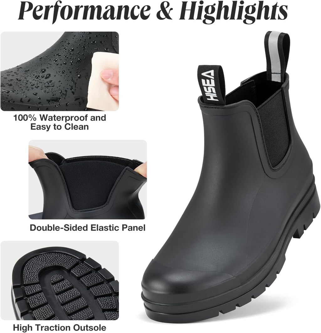 HISEA Women's Short Rain Boots Waterproof Garden Shoes Rubber Chelsea Boots Anti-Slipping Rainboots for Ladies with Comfort Insole Lightweight Stylish Ankle Rain Shoes Outdoor Work Booties