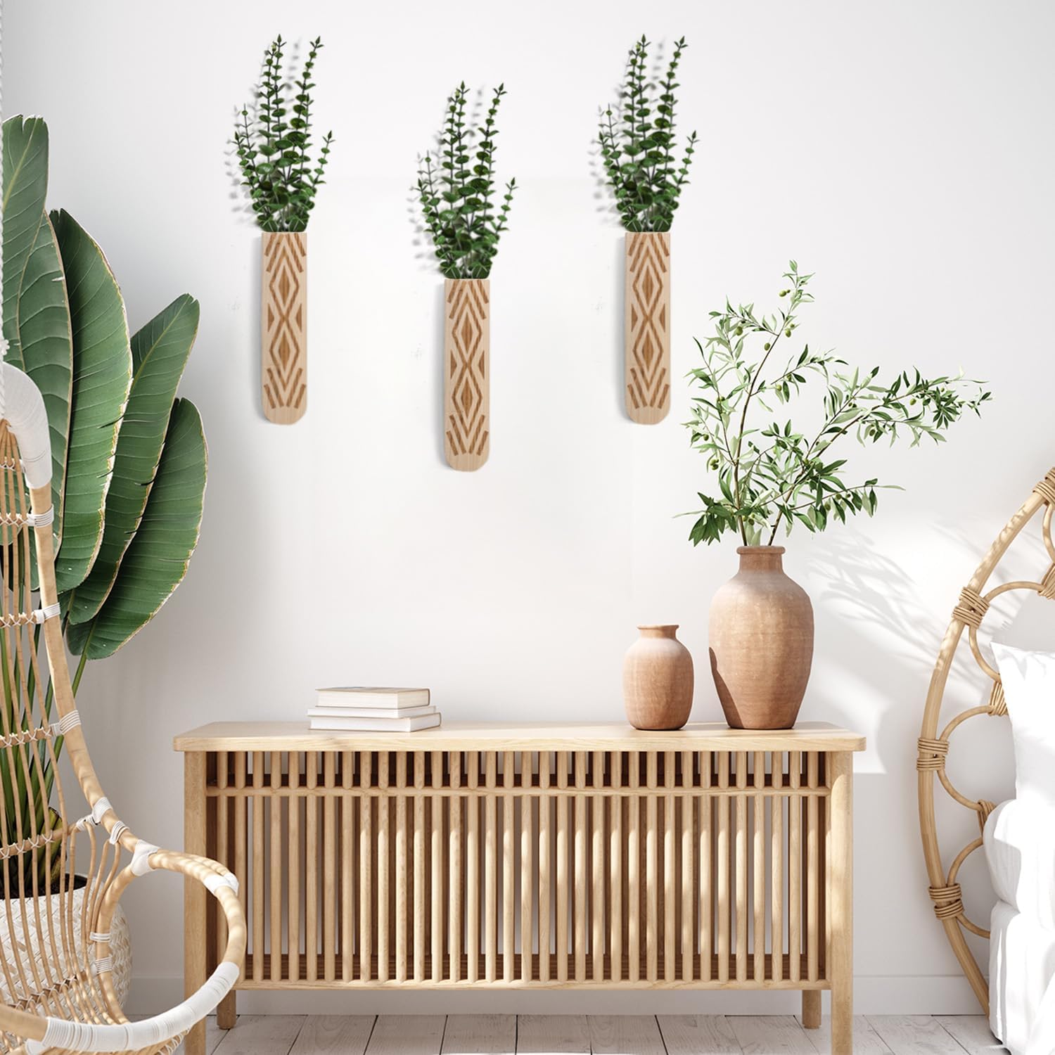Wooden Wall Planter Set of 3 - Modern Bohemian Home Decor for Living Room, Bedroom, Bathroom - Beige Finish Planter for Dried Flowers, Faux Greenery, Indoor Plants