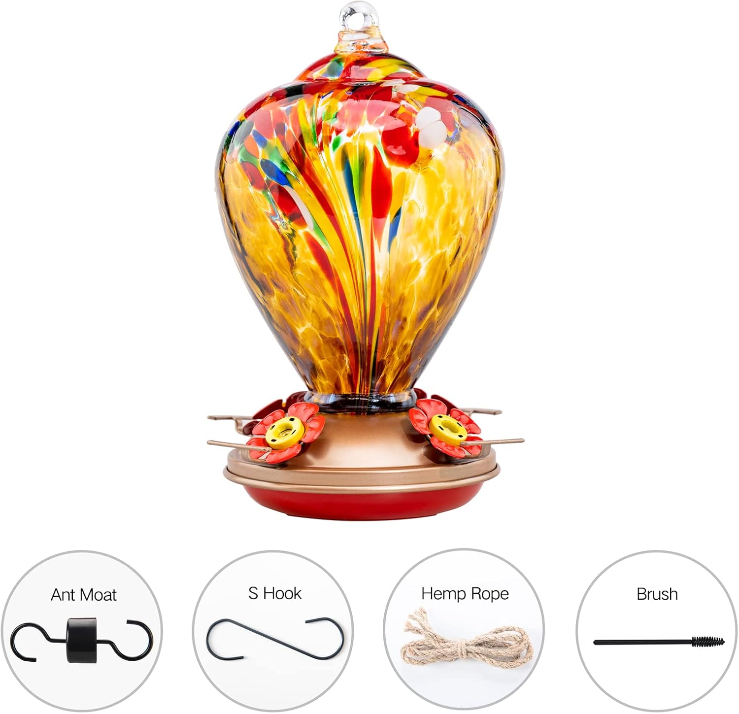 2 Packs Hummingbird Feeder for Outdoors Hanging Ant and Bee Proof, 34OZ 32OZ Hand Blown Glass Hummingbird Feeders for Outside (Yellow & Teal)