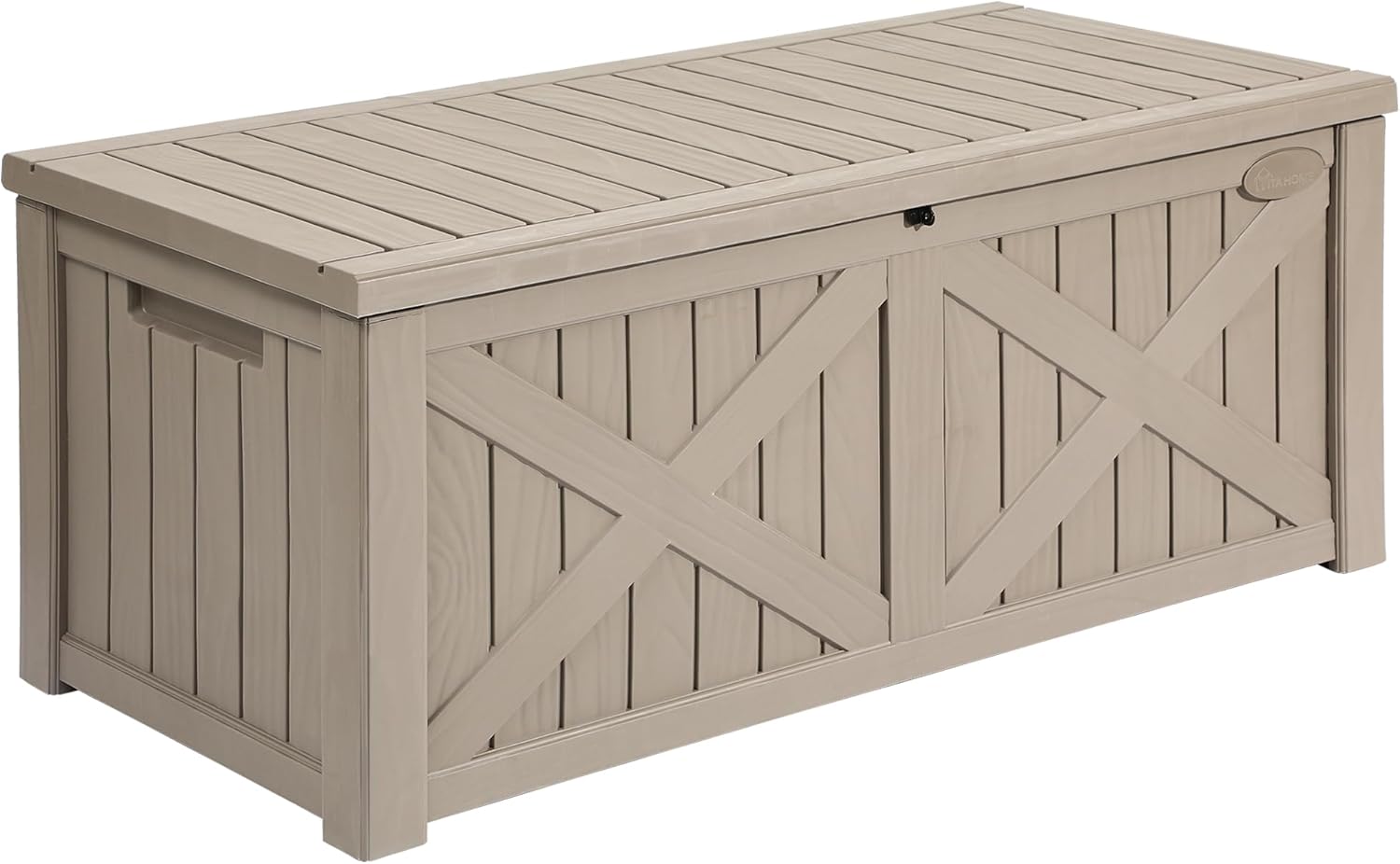 YITAHOME 120 Gallon Large Deck Box, Upgraded Resin Outdoor Storage Boxes w/Flexible Divider, Waterproof Cushion Storage Bench for Patio Furniture, Pool Supplies, Garden Tools - Lockable, Taupe