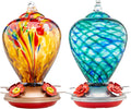 2 Packs Hummingbird Feeder for Outdoors Hanging Ant and Bee Proof, 34OZ 32OZ Hand Blown Glass Hummingbird Feeders for Outside (Yellow & Blue)