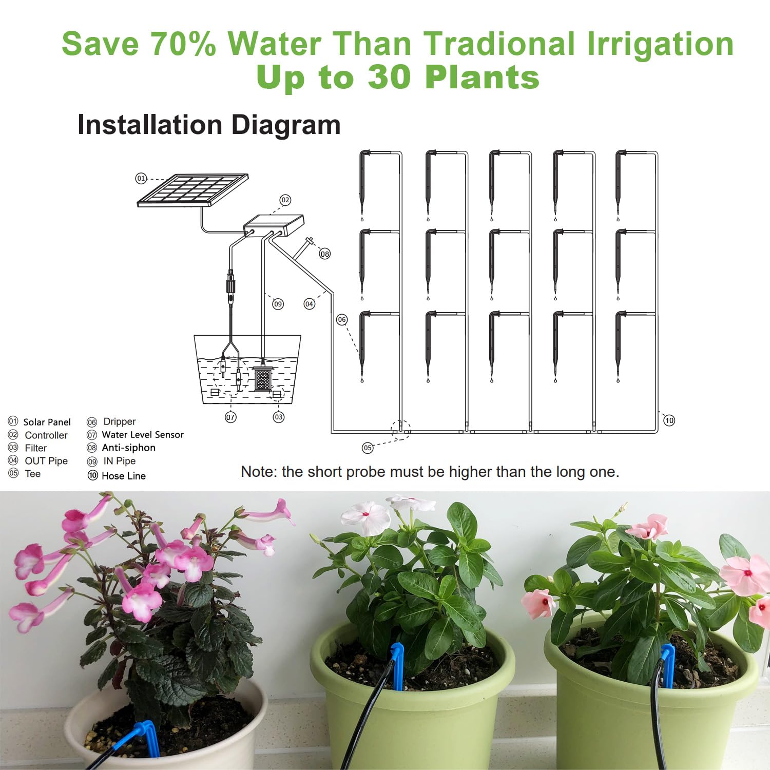 Lewisia 10W Solar Automatic Drip Irrigation Kit Auto Watering System 115FT for 30 Plants