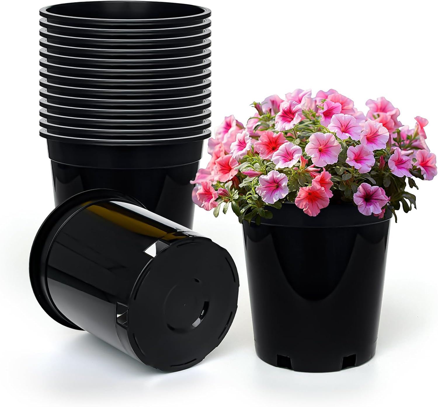 1.5 Gallon Plastic Nursery Pots, 7.5 Inch Round Plant Pots with Drainage Holes, 15 Pack Flower Pots for Outdoor Indoor Plants, Flowers, Gardening Gifts for Women, Black