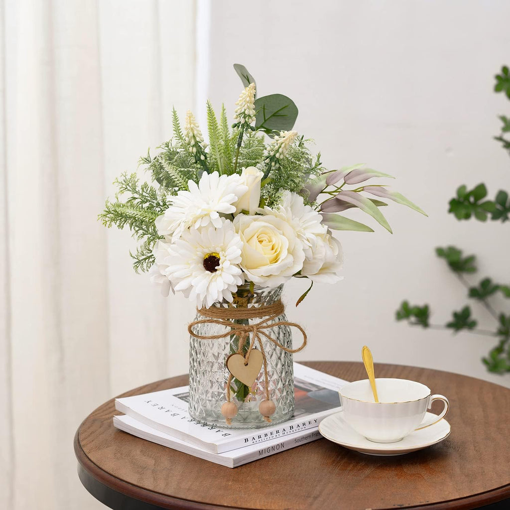Artificial White Flowers with Vase, Fake Flowers Arrangement for Home Decor, Faux Flowers for Farmhouse Coffee Table Decor, House Kitchen Centerpiece Table Decorations