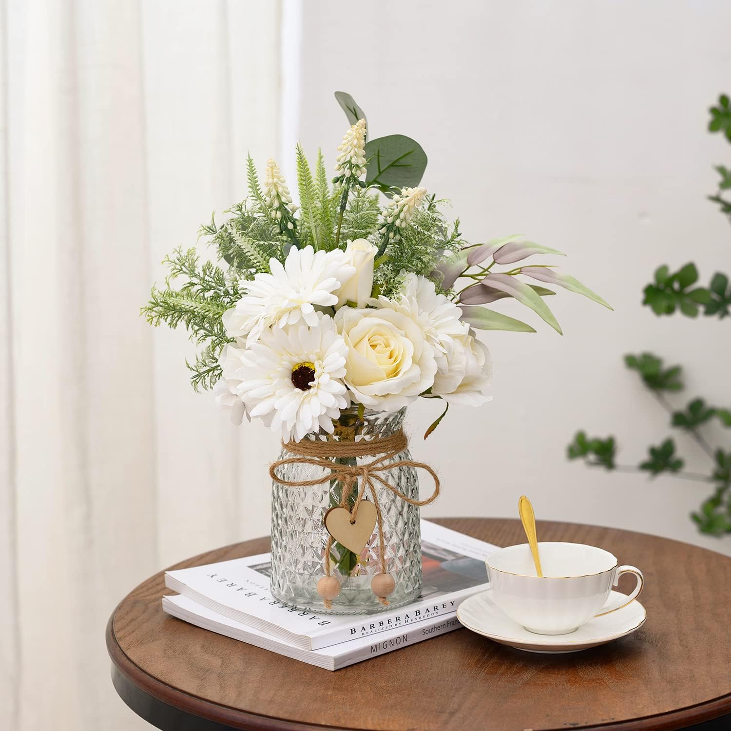 Artificial White Flowers with Vase, Fake Flowers Arrangement for Home Decor, Faux Flowers for Farmhouse Coffee Table Decor, House Kitchen Centerpiece Table Decorations