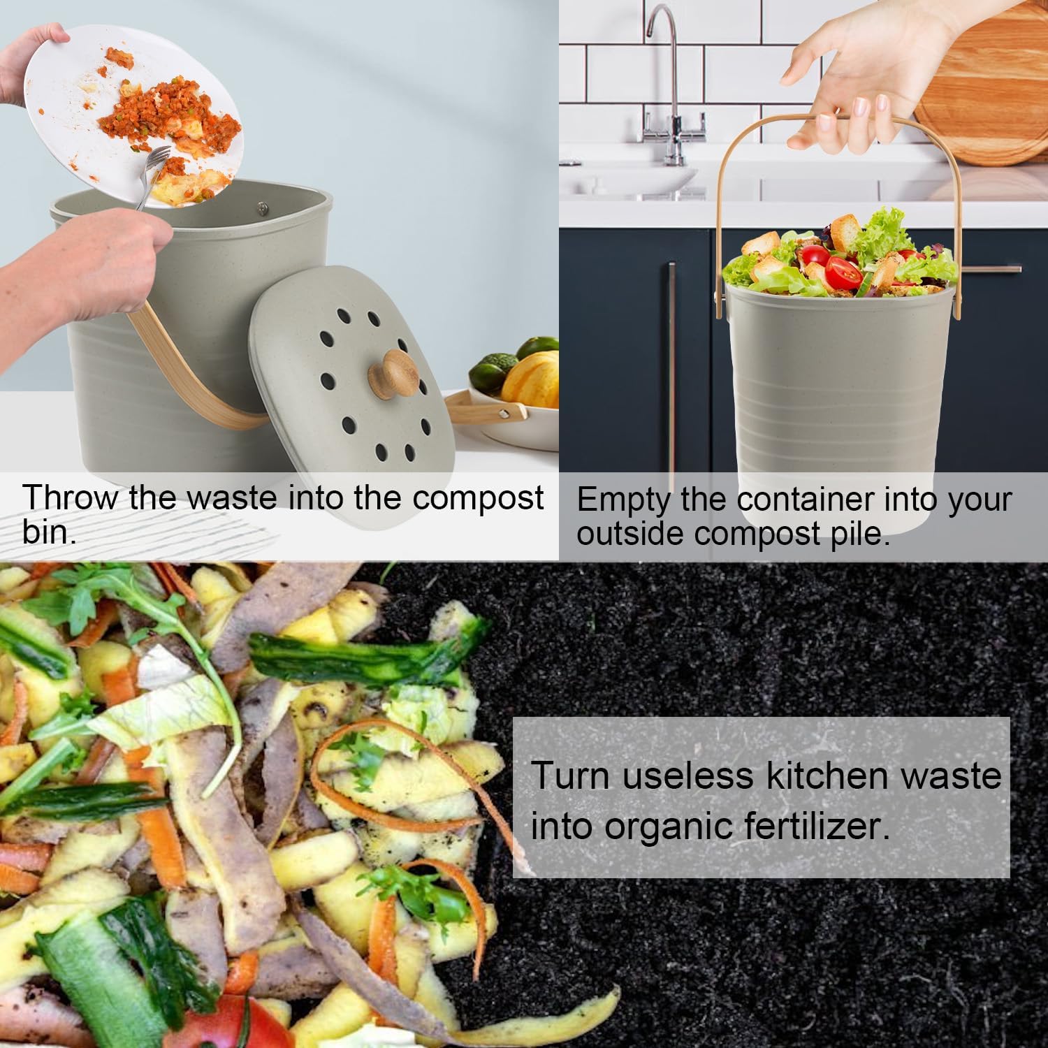 Compost Bin Kitchen, LALASTAR Countertop Compost Bin with Lid, Made of Sustainable Bamboo Fiber, Odorless Indoor Compost Bucket, 1 Gallon, Grey, Square